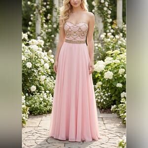 Sherri Hill x Sadie Robertson Pink Beaded Prom Dress Strapless Chiffon Gown Sz10